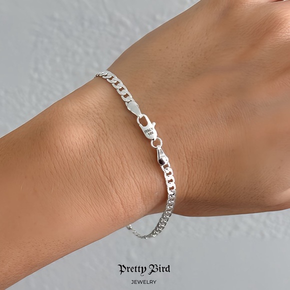 14k White Gold Plated Quilt Embossed Curb Chain Bracelet 6.9” - Picture 2 of 2